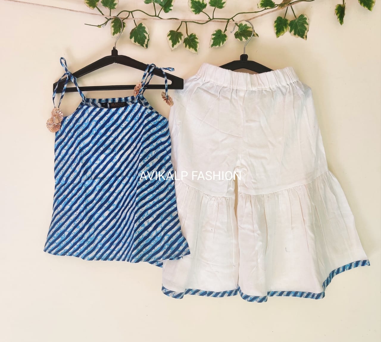 Girls' Blue Leheriya Noodle Strap Kurta & White Sharara Set