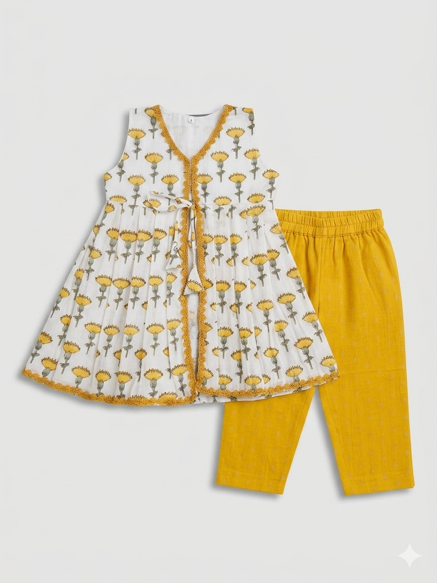 Girls' Off-White Yellow Floral Printed Sleeveless Angrakha Kurta & Pants Set