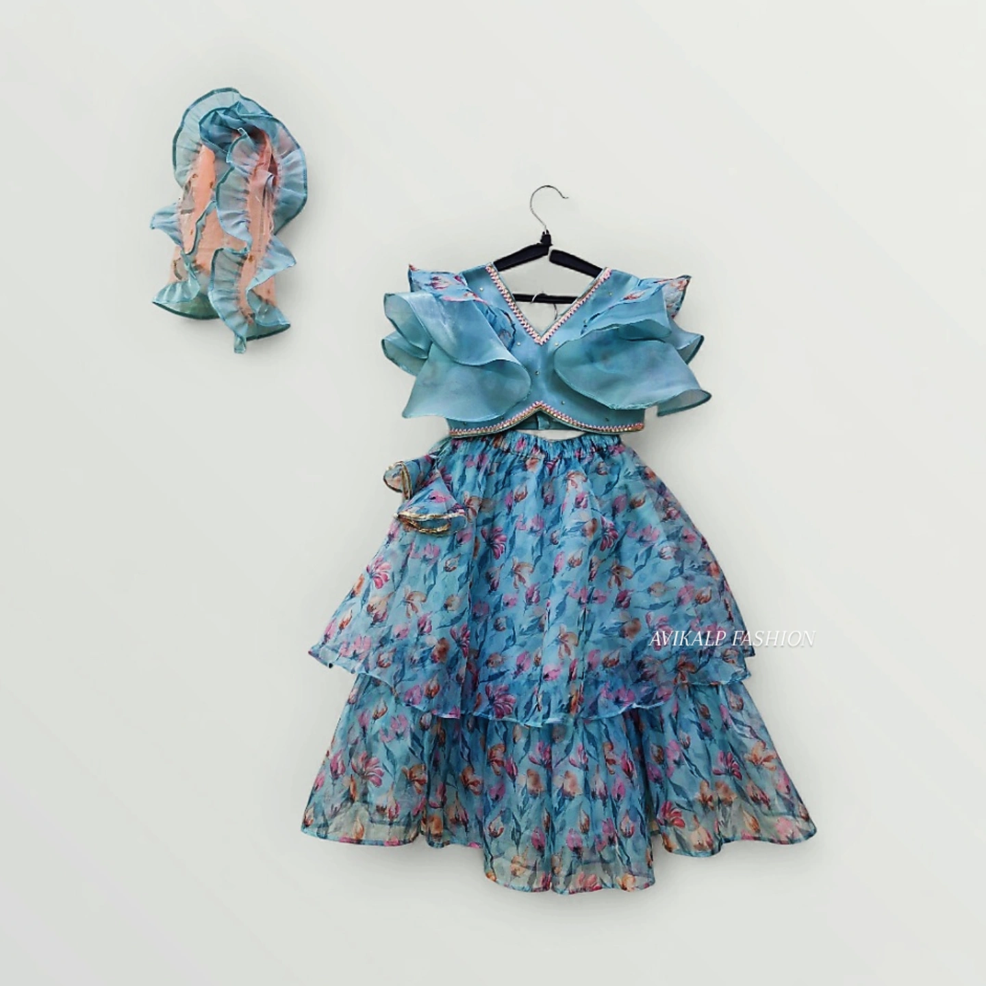 Girls' Sky Blue Ruffle Crop Top & Tiered Floral Lehenga with Peach Dupatta Set