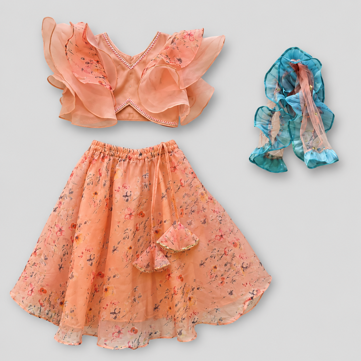 Girls' Peach Ruffle Crop Top & Tiered Floral Lehenga with Peach Dupatta Set